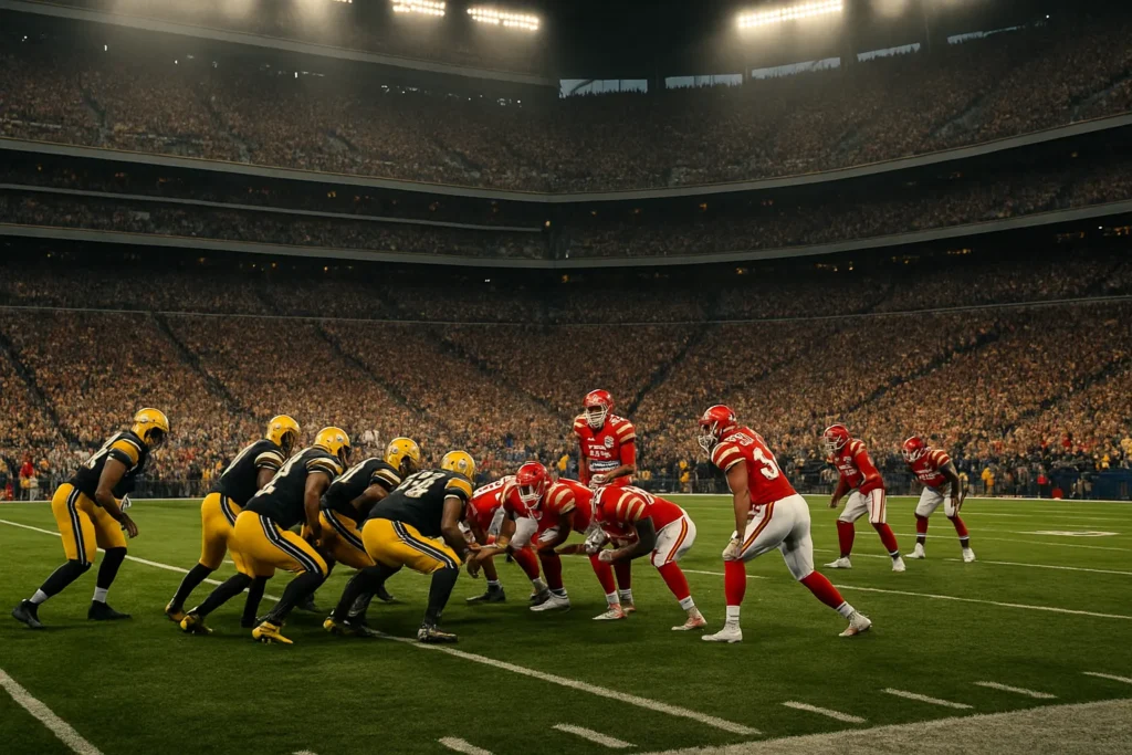 NFL injury reports 2025 showing intense football game action with players and a full stadium crowd – NFL 999 News