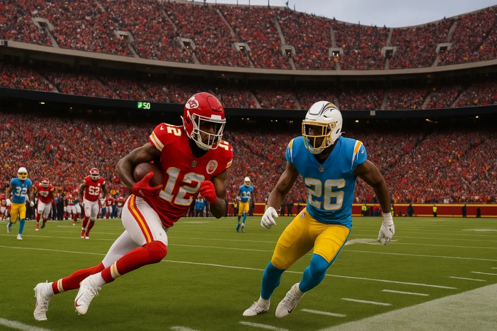 Xavier Worthy shoulder injury update Kansas City Chiefs vs Chargers stadium crowd NFL game