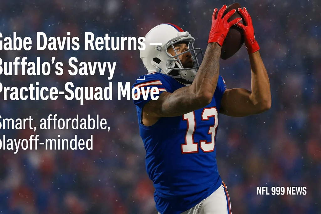 Buffalo Bills wide receiver Gabe Davis returns to the practice squad 2025, training in official blue and red uniform during cold-weather session