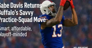 Gabe Davis returns to Buffalo Bills practice squad 2025, catching football in blue and red uniform during cold-weather practice
