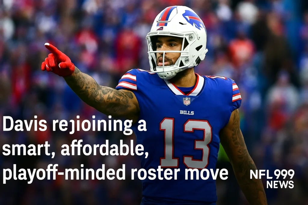 Gabe Davis returns to Buffalo Bills practice squad 2025 with crowd in background, wearing official blue and red uniform