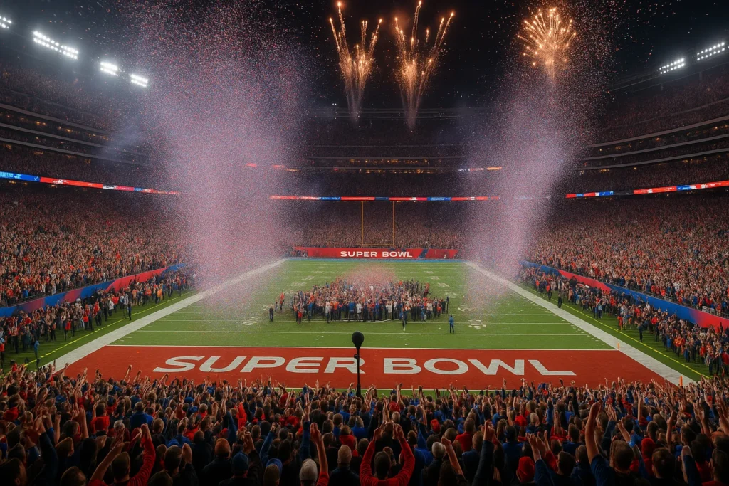 Super Bowl final celebration with fans, fireworks, and confetti
